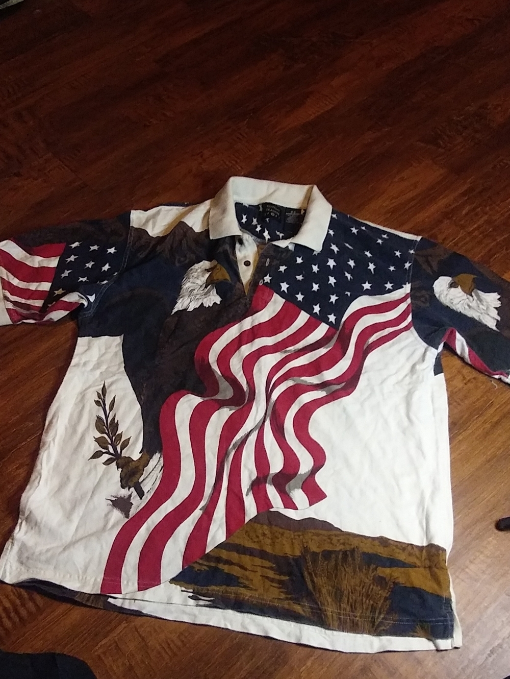 Vintage American Flag Eagle Graphic Polo Shirt - White/Red/Blue